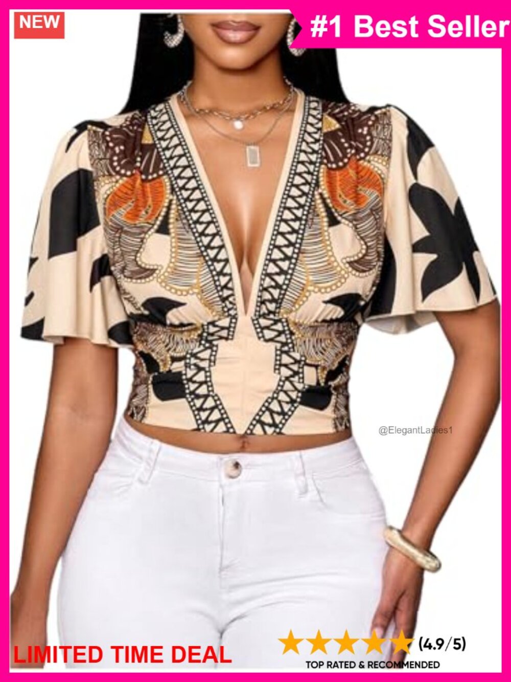 Women's Boho Printed Short Sleeve Blouse Shirt V-Neck Crop Top